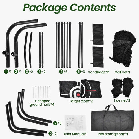 Package contents of 10x7Ft Golf Practice Net With Target Mat: framework pipes, nets, target cloth, storage bag, and accessories.