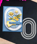 Three Piece Lace Oval Metal Die Cuts Set With Stitched Nesting Tag Frames For Scrapbooking And Card Making next to a gratitude card