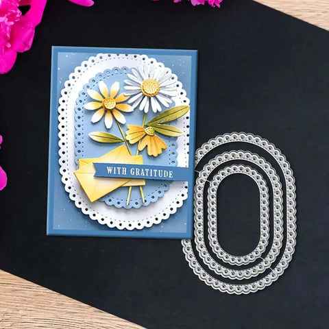 Three Piece Lace Oval Metal Die Cuts Set With Stitched Nesting Tag Frames For Scrapbooking And Card Making next to a gratitude card