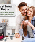 Refillable K Cups For K Supreme And K Supreme Plus Coffee Makers, stainless steel design with a couple enjoying coffee