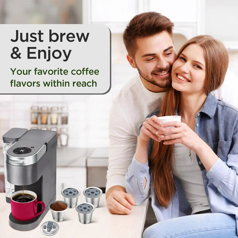 Refillable K Cups For K Supreme And K Supreme Plus Coffee Makers, stainless steel design with a couple enjoying coffee