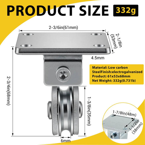 Six Pack 1-3 Eighths Inch Groove Cable Pulley Wheel Kit For Wall And Ceiling Mounts Heavy Duty with measurements and material details