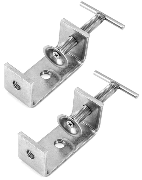 Two QWORK 304 stainless steel C clamps with threaded screws and T-bar handles, angled front view.