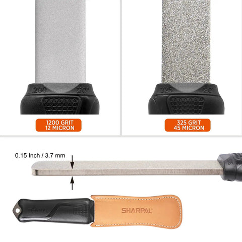 Workhorse Dual Grit Diamond Sharpening Stone With Leather Strop for lawn tools, showcasing 325 grit and 1200 grit surfaces