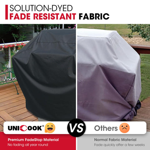 70 Inch Outdoor Grill Cover Heavy Duty Waterproof Protector For Gas Grills All Weather Fade Resistant Durable Barbecue Shield Fits Most 4 To 6 Burner Grills Up To 68 Inches Black demonstrating fade resistance with Unicook vs others comparison