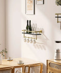 Wall-mounted Slick Brushed Gold Glass Bathroom Shelf With Towel Bar, 8mm glass, holding bottles and glasses, modern kitchen setting