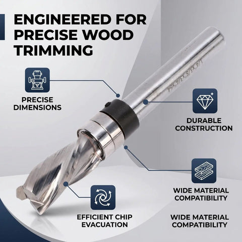 Top Bearing Flush Trim Router Bit With Tungsten Carbide Head And 1/4 Inch Shank for precise wood trimming features.