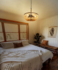 Bedroom with Boho Wood Bead Chandelier With Five Lights And 20 Inch Diameter, rustic farmhouse ceiling pendant, over bed.