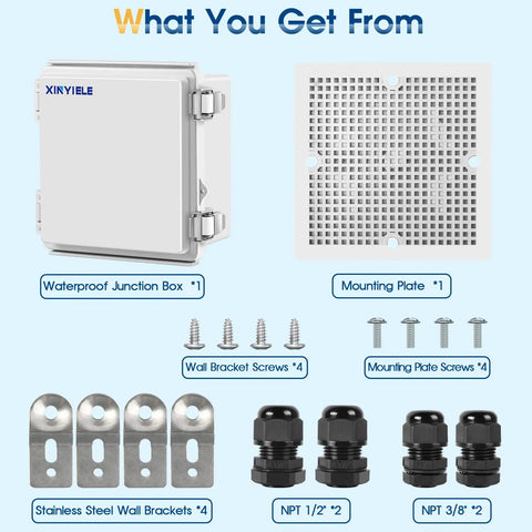 Heavy Duty Abs Plastic Junction Box With Ip67 Waterproof Shield And Dustproof Seal features junction box, mounting plate, brackets, and screws.