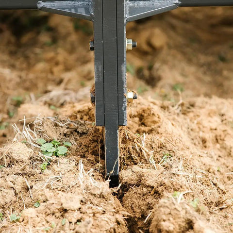 3 Point Single Tine Subsoiler For Cat 1 Tractors Eight Point Five Inch By One Point Five Inch Shank Ripping Through Soil