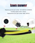 Pro Grade Fuel Tank Grommet Kit With Fuel Line Filter And Primer Bulb For Echo Blower And String Trimmer Fits 20mm Tank Hole Replacement Parts 13211546730 125527 90097 900103 showing parts on grass background.