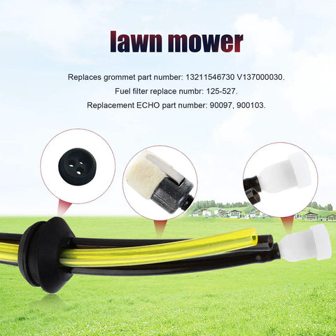 Pro Grade Fuel Tank Grommet Kit With Fuel Line Filter And Primer Bulb For Echo Blower And String Trimmer Fits 20mm Tank Hole Replacement Parts 13211546730 125527 90097 900103 showing parts on grass background.
