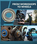 Collage showing 10 Pack 6200 ZZ Sealed Ball Bearings 10x30x9mm chrome steel used in various machinery and hobby activities.