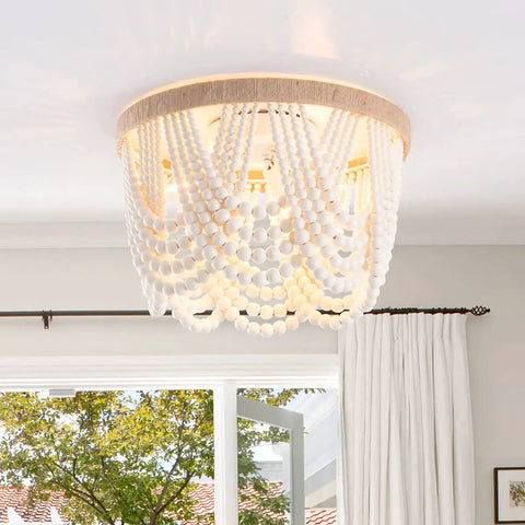 Boho Bohemia Wood Beaded Flush Mount Ceiling Light Three Light Fixture With White Finish, Rustic Antique Chandelier Style