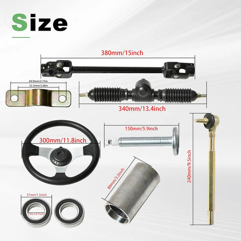All In One Go Kart Steering Kit With Rugged Rack And Pinion Setup Including 380mm Shaft 340mm Rack parts layout