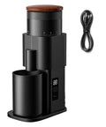 Game Changer Burr Coffee Grinder With Single Dose Design And Super Quiet Dc Motor showing sleek black exterior and wooden top.