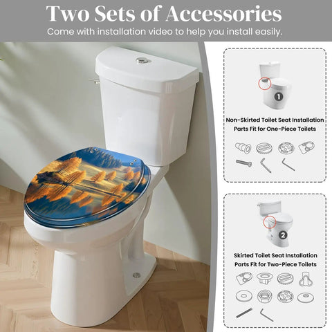 Toilet Seat Round Resin Lake Bathroom on white toilet, showing installation accessories for skirter and non-skirter designs.