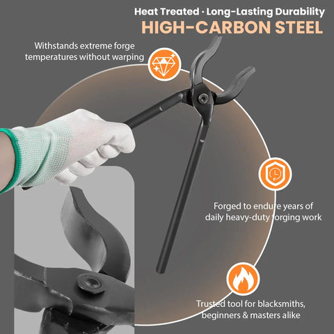 Heavy Duty 12 Inch Mandrel Jaw Tongs for Metal Shaping and Bending, high-carbon steel forging tongs in use.