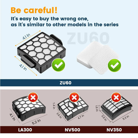 Replacement Vacuum Filter Kit For Shark Navigator Upright ZU60 showing 4.1-inch filter and foam, highlights wrong models LA300 NV500 NV350