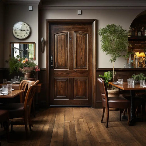 Wooden door with plants and tables in a cozy room, not showing 6 Pack Garage Door Brush Seal Kit With Aluminum Holder 3 Inch Door Sweep Strip That Keeps Dust Drafts Debris And Insects Out Easy Install For Roll Up Doors 19.7 Ft Total