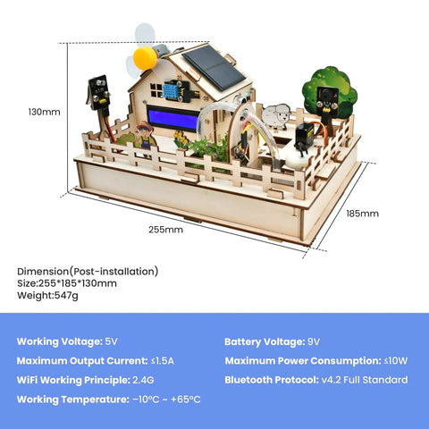 ESP32 Smart Farm Starter Kit for Arduino Fans with DIY Sensor Set on display showing house model with solar panel, dimensions noted.