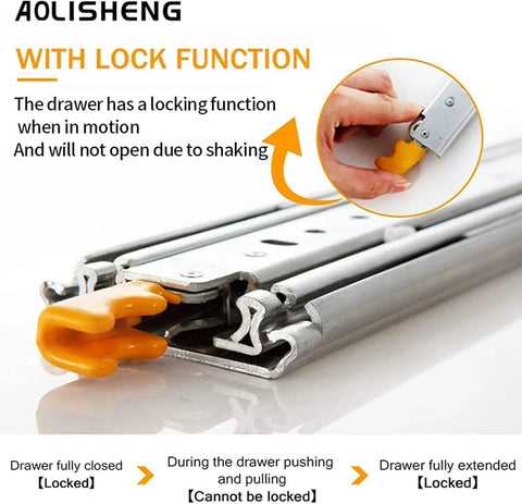 Heavy Duty Drawer Slides With Secure Locking Mechanism Industrial Furniture Hardware Rails shown with locking function detail.