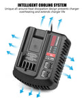V20 20V Battery Charger with Dual USB Ports and cooling system, showing airflow design and USB ports