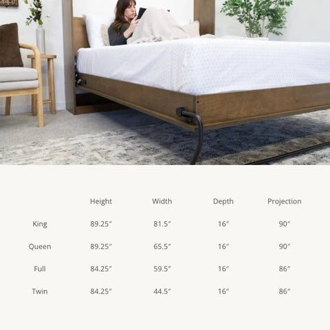Kickass DIY Murphy Bed Kit Equipped With Heavy Duty Spring Lift Hardware Built From Commercial Grade Steel For Queen Full Or Twin Bedroom Storage Solutions, features detailed dimensions.