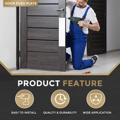 Man installing Tough As Nails Door Push Plate With Kickproof Reinforcement and Tight Security Guard for Main Entrance Protection.
