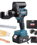 Heavy Duty Electric Hydraulic 8 Ton Battery Cable Crimping Tool With Nine Fast Swap Dies For Flawless 12AWG To 2/0AWG Lug Termination And Zero Headache Pro Wire Installations with accessories.