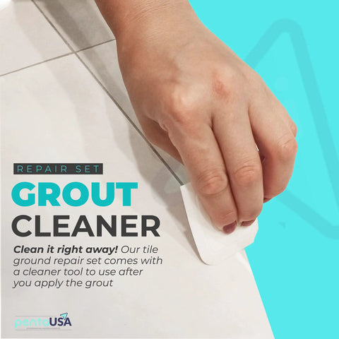 Hand using tile grout repair kit with premixed acrylic sanded grout, water resistant tube, fills cracks and gaps, gray, 8.8 oz.