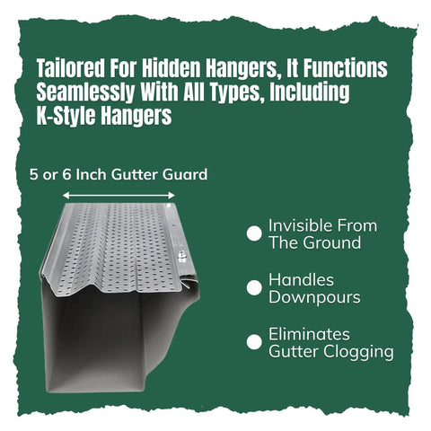 Heavy-Duty Aluminum Gutter Guard 5 Inch System, rust-proof leaf guard for 5 or 6 inch gutters, seamless fit with K-style hangers, DIY install
