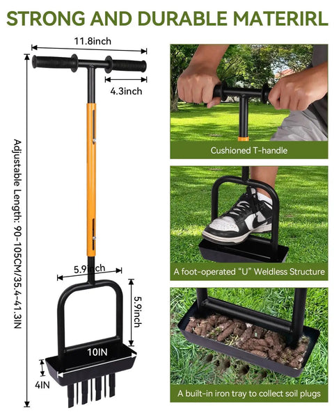 2-In-1 Manual Lawn Aerator Tool With Soil Core Storage Tray 41.3 Inch Heavy Duty Carbon Steel Core Aerator With Cushioned T-Handle