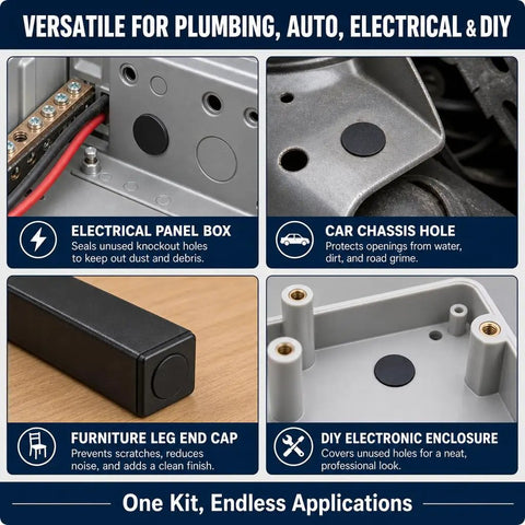 Super Cool 104 Piece Silicone Rubber Hole Plug Kit With 9 Sizes T-Type Black Waterproof Caps For Pipes Tubes And Electrical Wiring Heat Resistant Flexible Reusable Sealing Tools Perfect For Home Gigs And DIY Projects used on electrical panels, car chassis, furniture, and enclosures