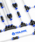 Pneumatic Straight Push Connectors Kit for air lines, quick release fittings shown assembled with blue and black tubing components