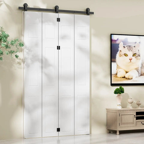 84 Inch Bi Folding Barn Door Hardware Track Kit For Four Panels, Accordion Style, Space Saving And Smooth Operation, Heavy Duty Sliding Door Kit, Easy Install, Door Not Included