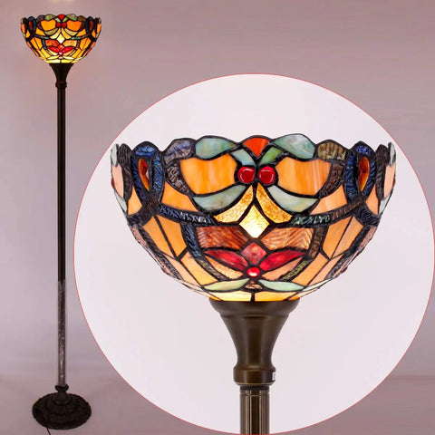 Orange Tiffany Style Floor Lamp With Stained Glass Shade, 12 Inch Wide 71 Inch Tall Torchiere, Antique Bronze Base close-up image