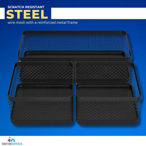 Mesh Desk Drawer Organizer Tray With 3 Stackable Compartments in Matte Black, showcasing scratch-resistant steel design on a blue background.