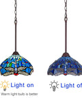Tiffany Style Stained Glass Pendant Light 12 Inch Wide Antique Blue Dragonfly Hanging Lamp With Adjustable 67 Inch Chain, light on and off view