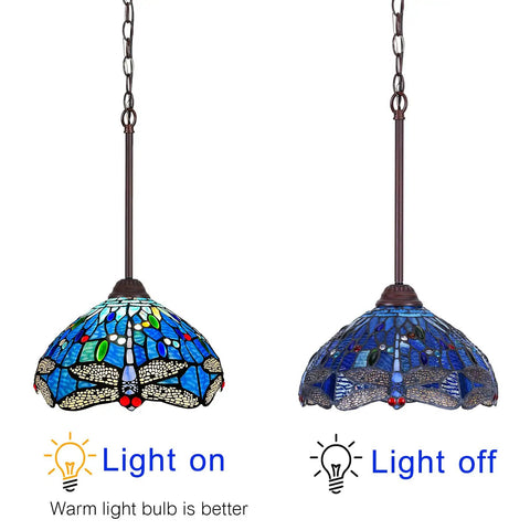 Tiffany Style Stained Glass Pendant Light 12 Inch Wide Antique Blue Dragonfly Hanging Lamp With Adjustable 67 Inch Chain, light on and off view