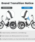 Brand transition notice for Three Wheel Electric Trike For Adults And Seniors With Easy Step-Through Frame And Upright Ride, 24 And 26 Inch Wheels, Peacock Green, Smooth Pedal Assist, Stable Balance At Stops, Built For Comfort, City Cruising And Everyday Commutes.