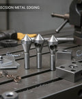 4-Piece HSS Deburring Tool Set For Metal Finishing And Chamfering Versatile Chamfer Cutter Kit displayed on a workshop table.