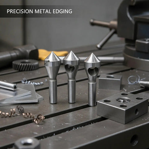 4-Piece HSS Deburring Tool Set For Metal Finishing And Chamfering Versatile Chamfer Cutter Kit displayed on a workshop table.