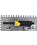 Beast Pro Grade Square Notch Trowel with 11-inch stainless blade and yellow rubber handle for flooring and walls