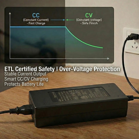 ETL Certified 36V Lithium Battery Charger with smart CC/CV charging, showing protection features for safe electric scooter use.