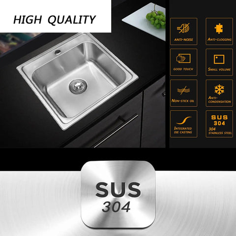 Stainless Steel Single Bowl Topmount Kitchen Sink 1515-6 in countertop with SUS 304 steel highlights and features icons