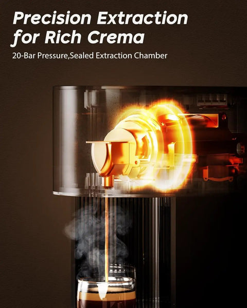Espresso Machine For Nespresso Original Pods, One Touch Brew With Illuminated Brew Zone, 20 Bar Pump, crema extraction close-up