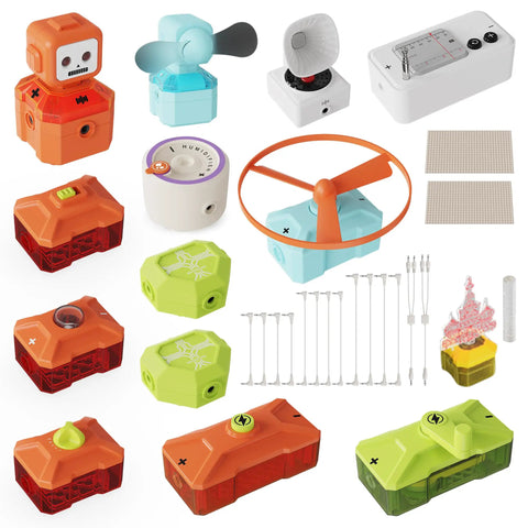 Hands On STEM Electronics Kit For Kids With Snap Together Circuits And Building Blocks That Make Electricity Fun For Ages Six And Up Beginner Friendly Science Toy, parts laid out