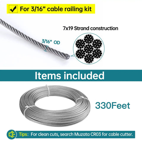 330ft Three Sixteenth Inch Stainless Steel Wire Rope Aircraft Cable For Railing Decking Balustrade DIY Indoor Outdoor 7x19 Strand Rust Resistant Heavy Duty Built To Last Projects And Railings, coiled spool