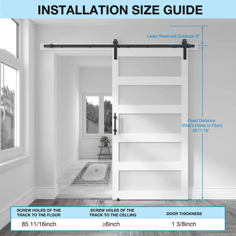 5-Panel Sliding Glass Barn Door 42-Inch By 84-Inch With Frosted Glass Waterproof Scratch-Resistant Privacy For Bathroom Includes 7-Foot Hardware Kit No-Fuss Assembly With Pre-Drilled Holes Fits Max Opening 40-Inch By 82-Inch White shown installed in a bright room.